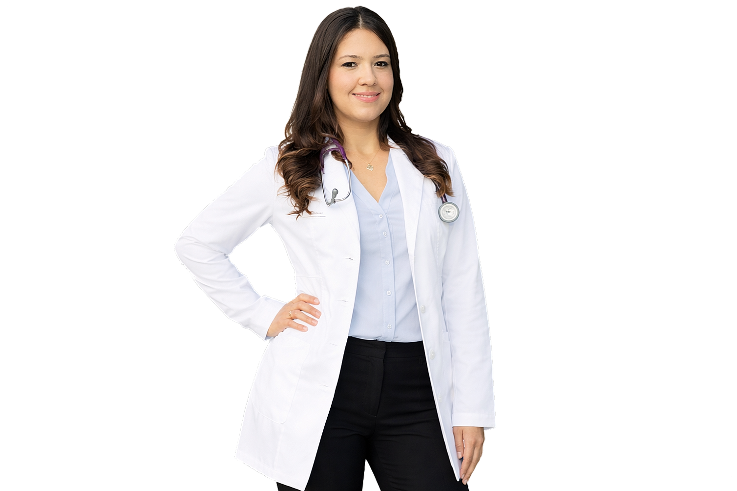 Female doctor in white coat with stethoscope.