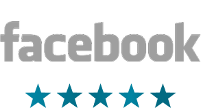 Facebook logo with five stars rating.