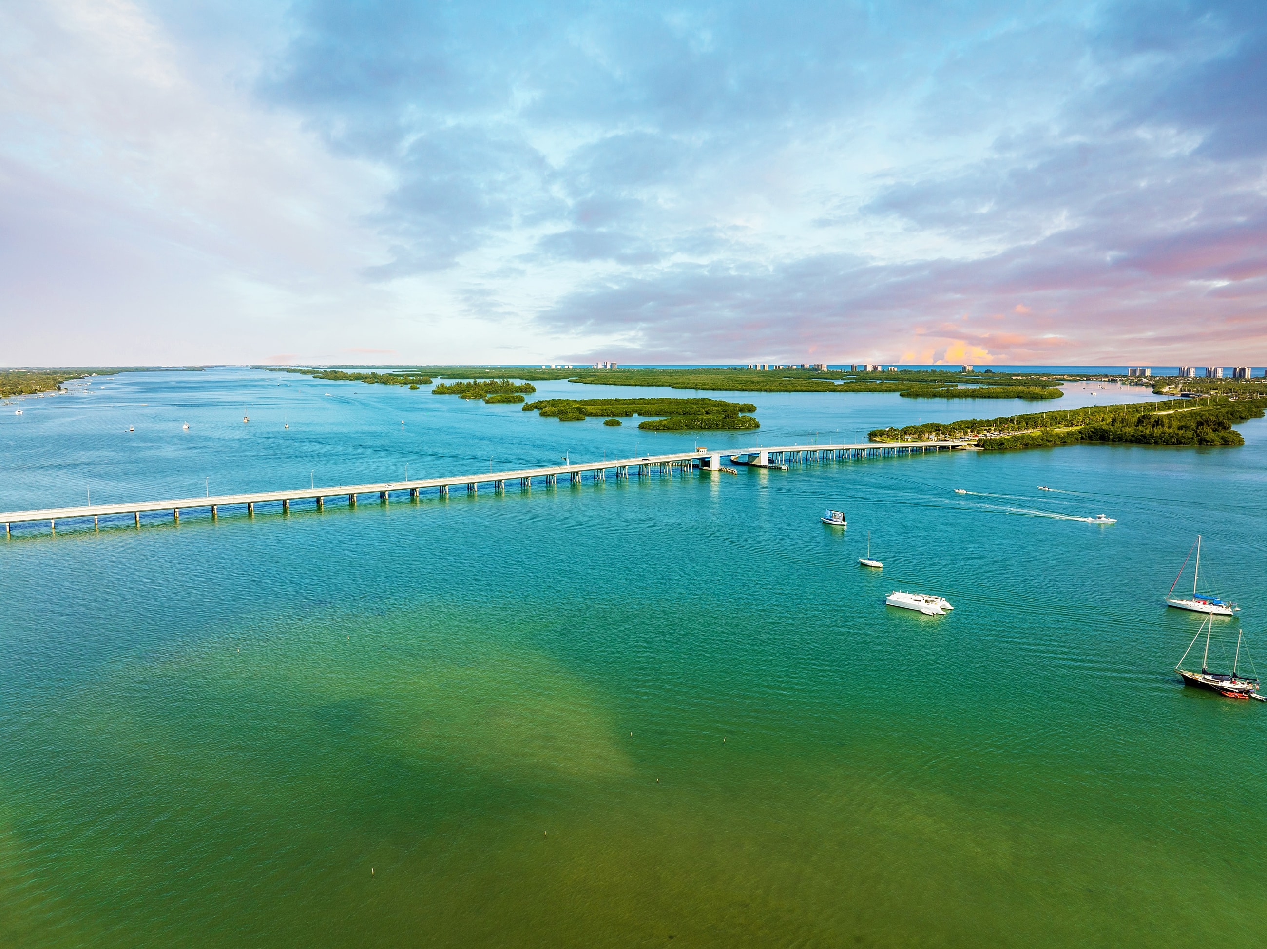 Aerial view of a tranquil coastal landscape.